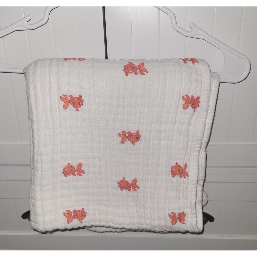 aden + anais White Cotton Muslin Baby Swaddle Blanket Orange Goldfish D11B061P
